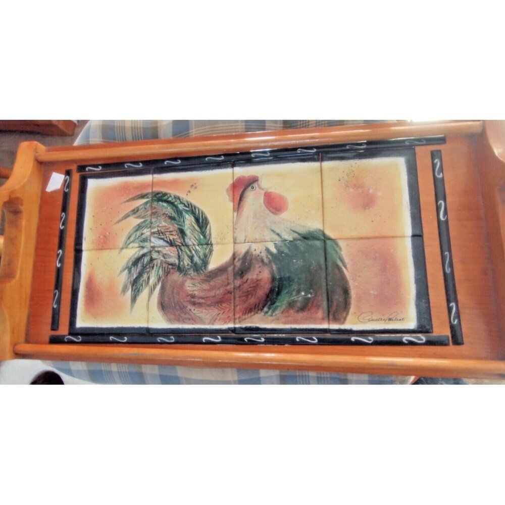 Vintage Handled Wooden Tray with Ceramic Tile Inlaid Rooster Artist Signed